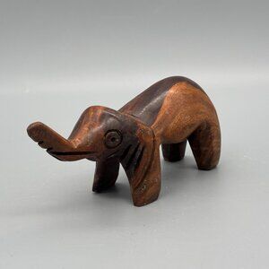Vintage Hand Carved Wooden Elephant Figurine With Stylized Folk Art Design